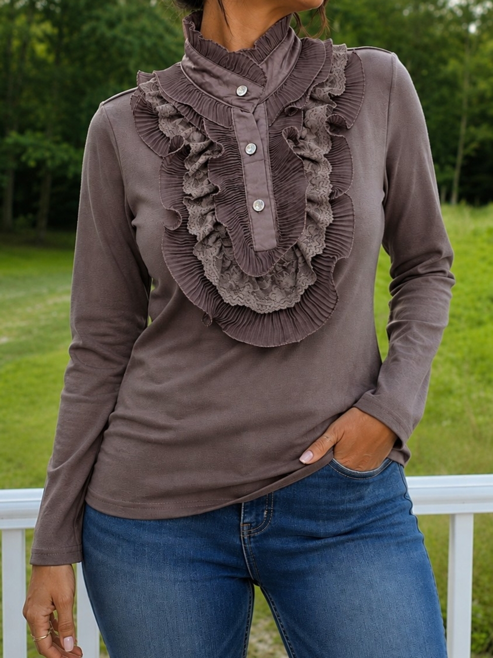 Ruffled High-Neck Blouse in Taupe